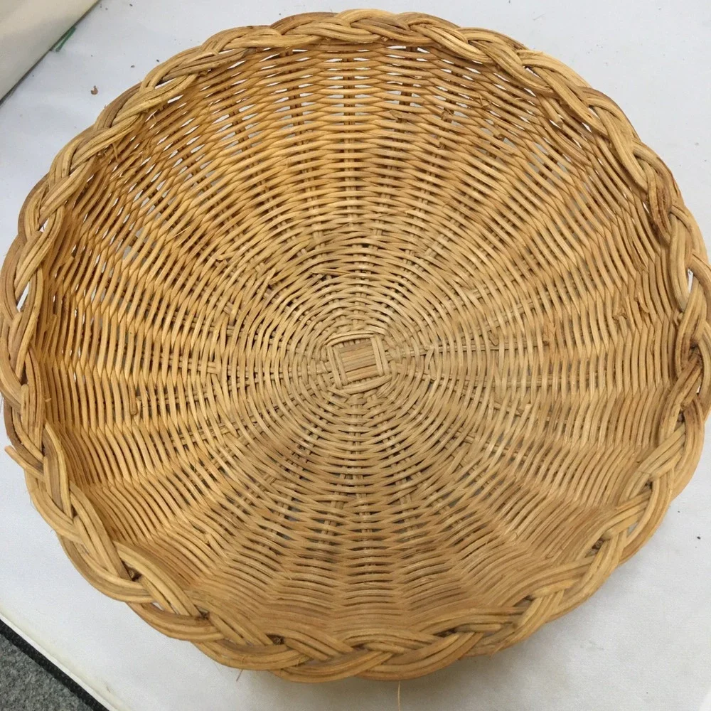 Woven Wicker Basket Home Decor 9in Tan Round Braided Rim Cottagecore